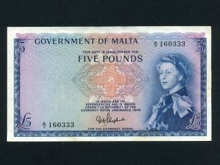 Malta:p - 27a,  5 Pounds,  1949 (1961) Queen Elizabeth Ii Vf - Ef