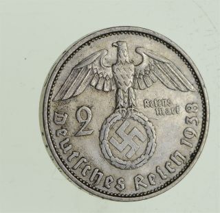 1938 German Ww2 Nazi 2 Mark Swastika Silver Historic Coin - Germany War 887