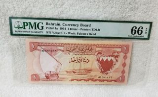Bahrain,  Currency Board 1964 1 Dinar P 4a Pmg 66 Gem Unc
