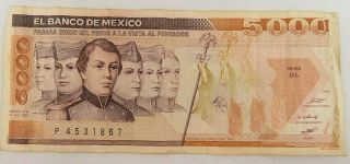 1985 Mexico Banknote Banco De Mexico 5000 Pesos Paper Money