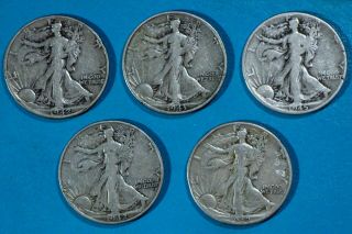 5 Walking Liberty Half Dollars 90 Silver Coins 1942 1943 - S 1945 24hrs Noreserve