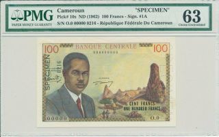Banque Centrale Cameroun 100 Francs Nd (1962) Specimen Sign.  1a,  Rare Pmg 63