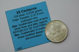 Guatemala 25 Centavos 1963 Silver B18 K2088