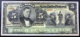 Mexico Banknote 5 Pesos,  P.  S399c Vf - 1913 (san Luis Potosi)