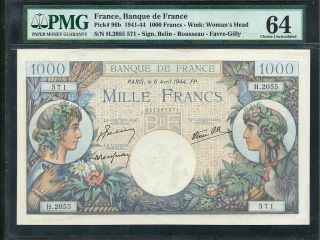 France:p - 96b,  1000 Francs,  1944 Mercury W/ Women Pmg Ch.  Unc 64