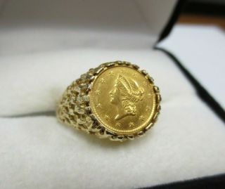 1853 (type 1) $1.  00 Gold Piece Mounted In 14kt Yellow Gold Ring (size 9.