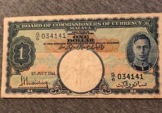 Board Of Commissioners Of Currency Malaya 1 Dollar 1941