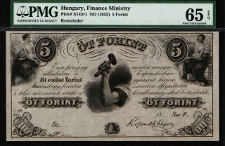 Tt Pk S143r1 Nd (1852) Hungary 5 Forint Finance Ministry Pmg 65q Gem Unc Pop 2