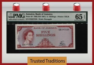 Tt Pk 49 1960 Jamaica 5 Shillings Queen Elizabeth Ii Pmg 65 Epq Gem Uncirculated