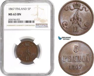 Ae248,  Finland,  Alexander Ii.  Of Russia,  5 Penniä 1867,  Ngc Ms63bn