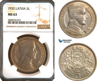 Ac944,  Latvia,  5 Lati 1932,  Silver,  Ngc Ms63
