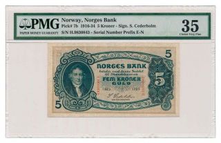 Norway Banknote 5 Kroner 1923.  Pmg Vf - 35
