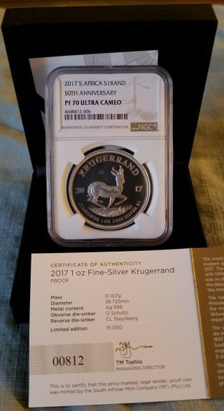 2017 Sa Silver Proof Krugerrand 50th Anniversary Ngc Pf70 Uc Low Low 812