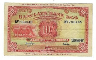 South West Africa Barclays Bank 10 Shillings Banknote 1958.  Md - 8108