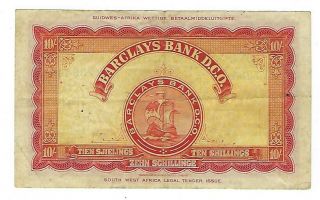 South West Africa Barclays Bank 10 Shillings banknote 1958.  MD - 8108 2