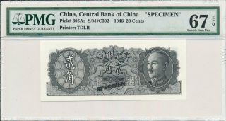 Central Bank Of China China 20 Cents 1946 Specimen Pmg 67epq
