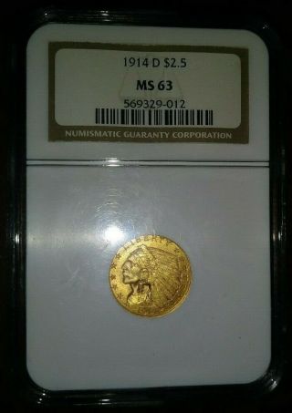 1914 - D $2.  5 Gold Indian Ngc Ms - 63