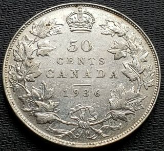 1936 Canada Silver 50 Cent Half Dollar Coin Vf - 30