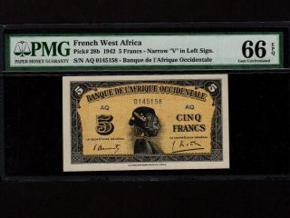 French West Africa:p - 28b,  5 Francs,  1942 Pmg Gem Unc 66 Epq