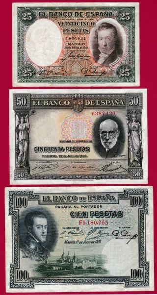 Spain Notes: 25 Pesetas 1931 P - 81,  50 Pesetas 1935 P - 88,  & 100 Pesetas 1925 P - 69