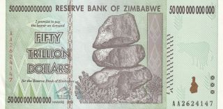 Zimbabwe 50 Trillion Dollars Banknote 2008 P.  90 Almost Uncirculated