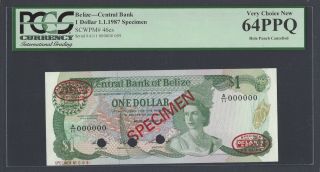 Belize One Dollar 1 - 1 - 1987 P46cs Specimen Tdlr N009 Uncirculated
