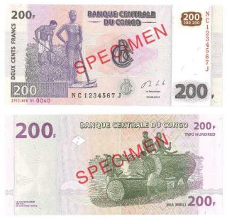Congo 200 Francs 2013 Specimen Few Quantity Print