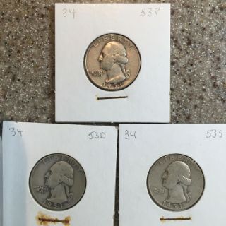 Set Of 3 1953 P D &s Washington Silver Quarter Dollars - - 90 Silver