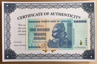 100 Trillion Dollar Zimbabwe Zim Note Currency 2008 Aa Uv Inspected With