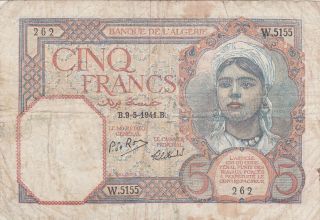 5 Francs Vg - Fine Banknote From French Algeria 1941 Pick - 77