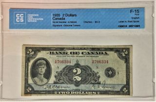 1935 Bank Of Canada $2 Bc - 3 " English " Cccs Graded F 15 35515
