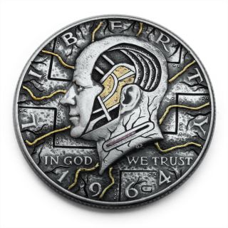 Hobo Nickel Electric Man Hand Carved Half Dollar Silver Coin W Gold Copper Inlay