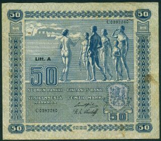 Finland Note Banknote 50 Markkaa 1922 " Litt.  A " Pick 64a.  See