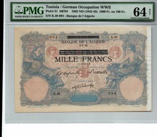 Tunisia German Occupation Wwii 1000 Francs On 100 Francs 1892 Ms 64 Certified