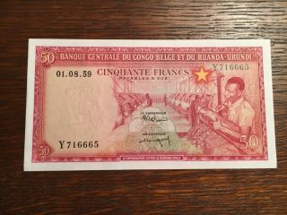 Exceptionnel Paper Money Africa 50 Francs Belgian Congo 1959 Unc