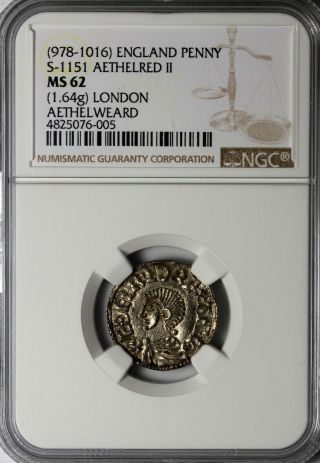 England Anglo Saxon Viking King Aethelred Ii Silver Penny S.  1151 Ngc Ms62 Coin