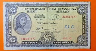 Ireland: Irish Lavery Five Pound Note Dated 27.  2.  1970.