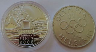 Silver Olympic Coins,  Poland 2008 10 Zl Proof,  Finland 1952 500 Markkaa (30088r