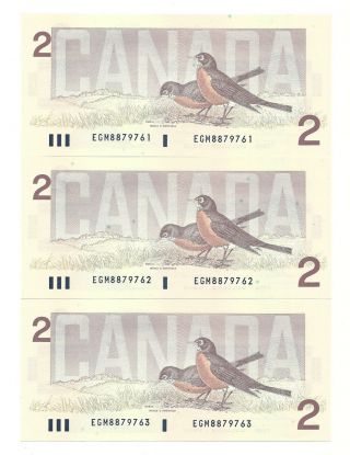 3 X 1986 Canada Two Dollar Bank Notes (unc/con)