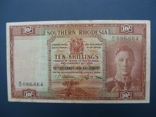 Early Date 1939 Southern Rhodesia Kgvi (africa/british) 10/ - Banknote Crisp Gf