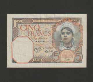 Algeria - French,  5 Francs Banknote,  5.  7.  1941,  Very Fine,  Cat 77 - B