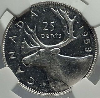 1953 Canada United Kingdom Queen Elizabeth Ii Caribou Silver 25c Ngc Coin I77257
