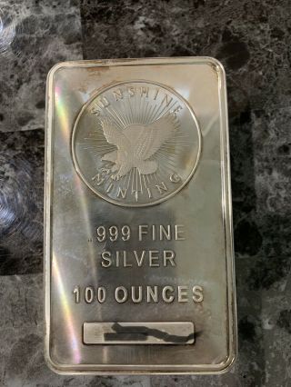 100 Oz Sunshine Silver Bar.  999 Fine (pressed,  W/box)