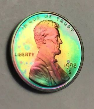 1998 S Proof Lincoln Cent Monster Rainbow Toned