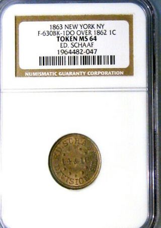 1863 York City Civil War Token Schaaf Over 1862 Indian Head Cent R7 NGC MS64 4