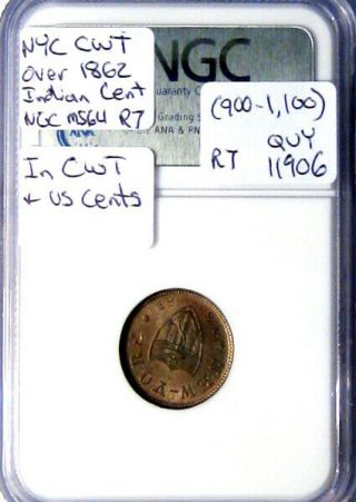 1863 York City Civil War Token Schaaf Over 1862 Indian Head Cent R7 NGC MS64 5