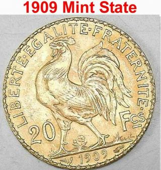 1909 French Rooster 20 Franc Gold Coin 20f Paris State 6.  4516 Grams