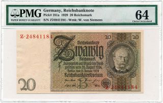 Germany - 3rd Reich 20 Reichsmark 1929 P181a Pmg Choice Unc 64