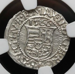 HUNGARY.  Silver Denar,  Maximilian II,  1566 - KB,  NGC MS63 2