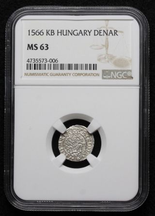 HUNGARY.  Silver Denar,  Maximilian II,  1566 - KB,  NGC MS63 3